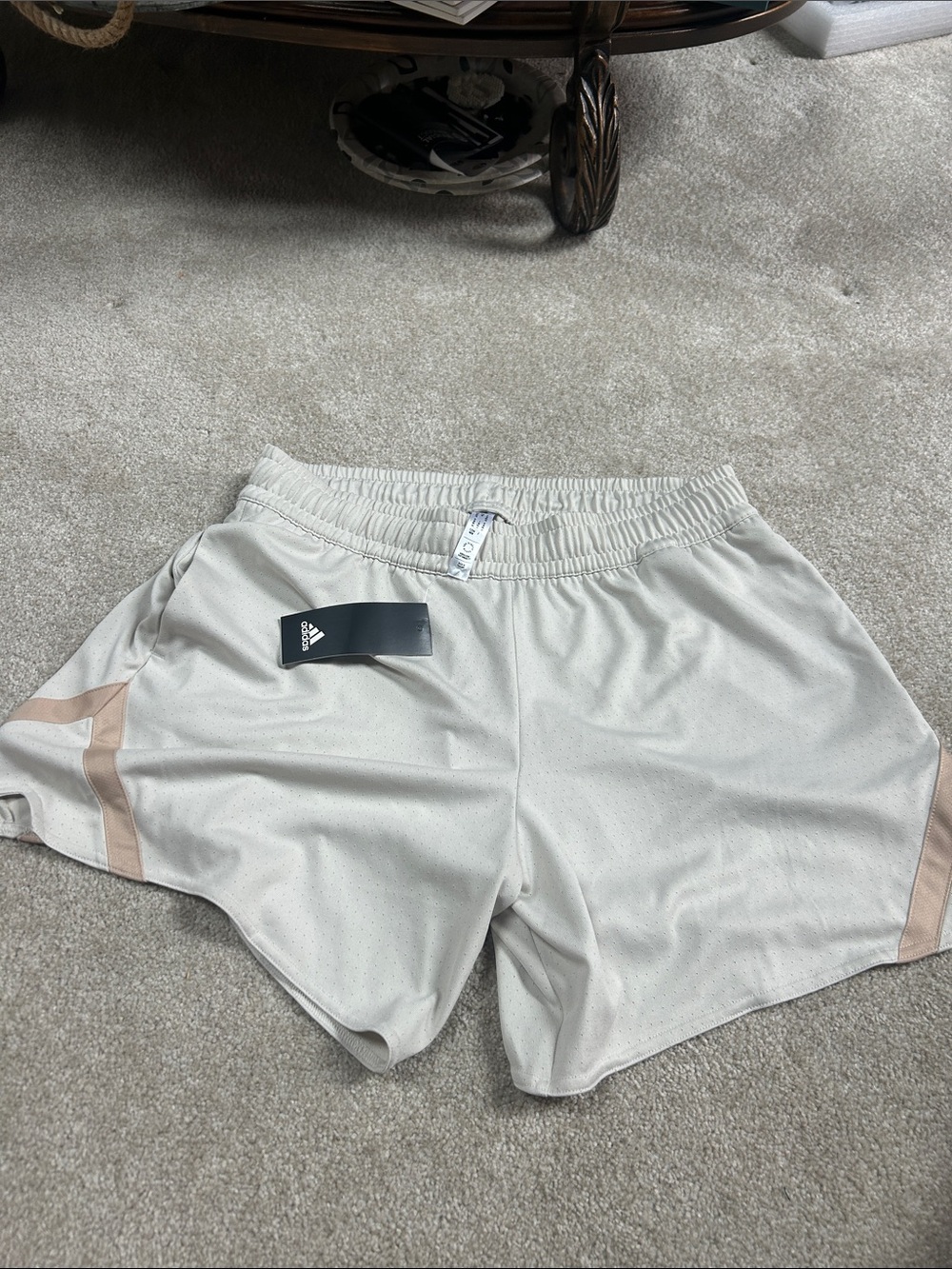 adidas Off-White Athletic Shorts with Tan Stripe Accents